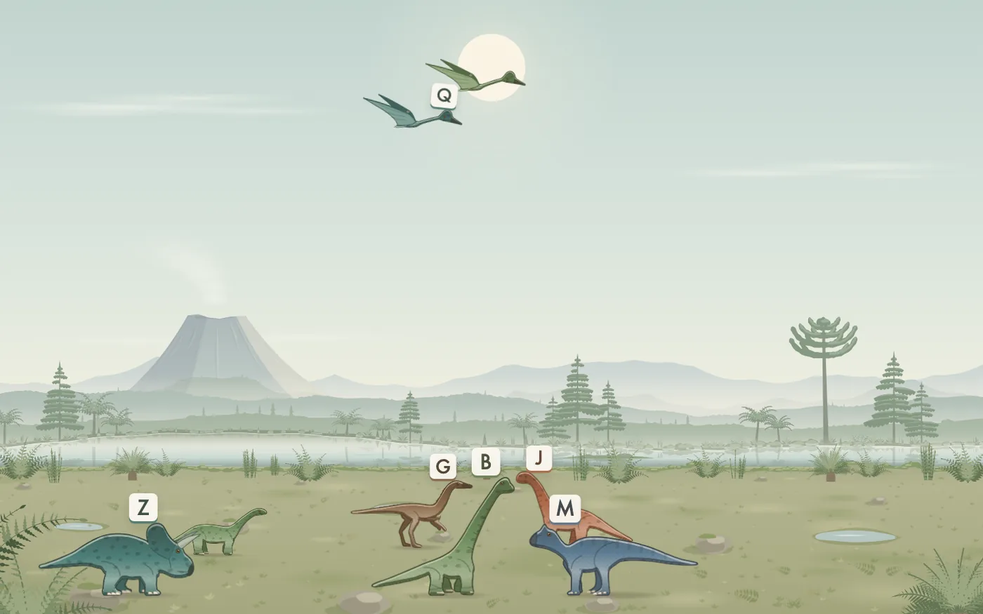 The Dinosaurs world: dinosaurs by a river with a smoking volcano behind, each wearing its letter
